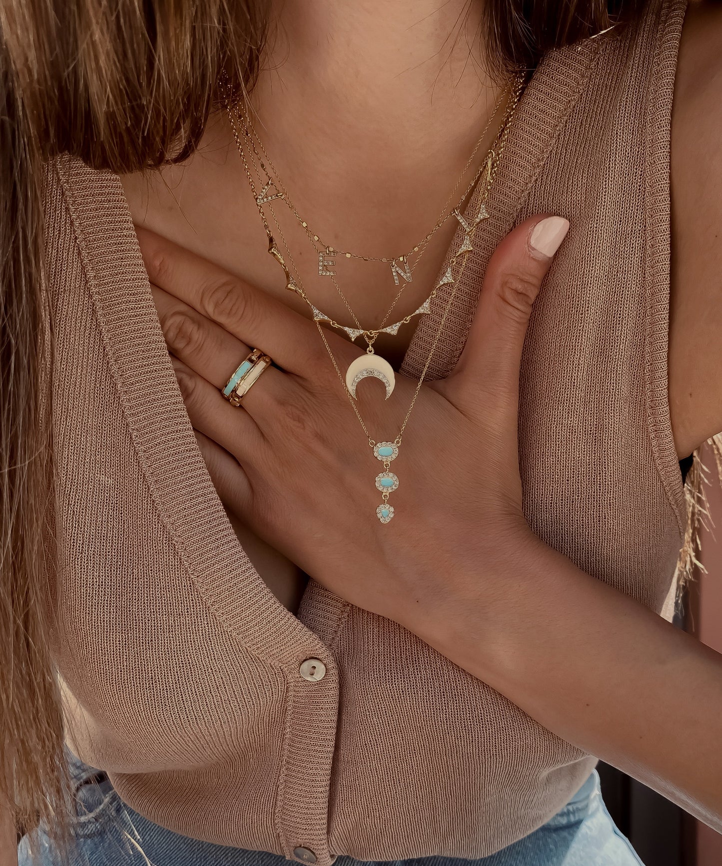 Three Turquoise Pebble - Gold plated