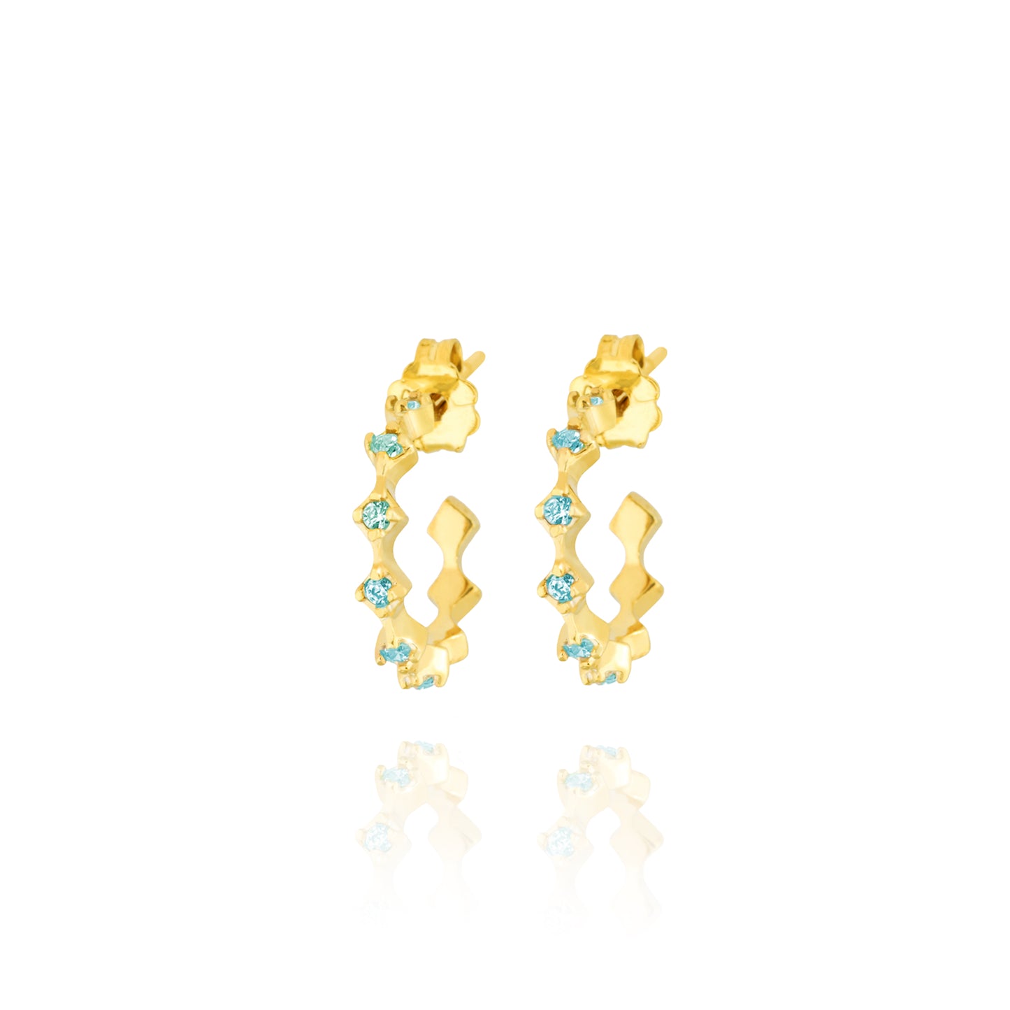 Rhombus Hoops Pair Earrings with aqua stone - Gold Plated