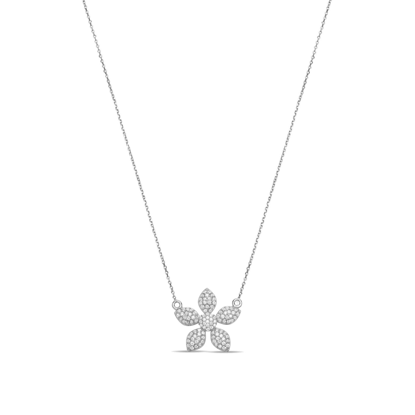 Flower Pave Necklace - Silver Rhodium Plated