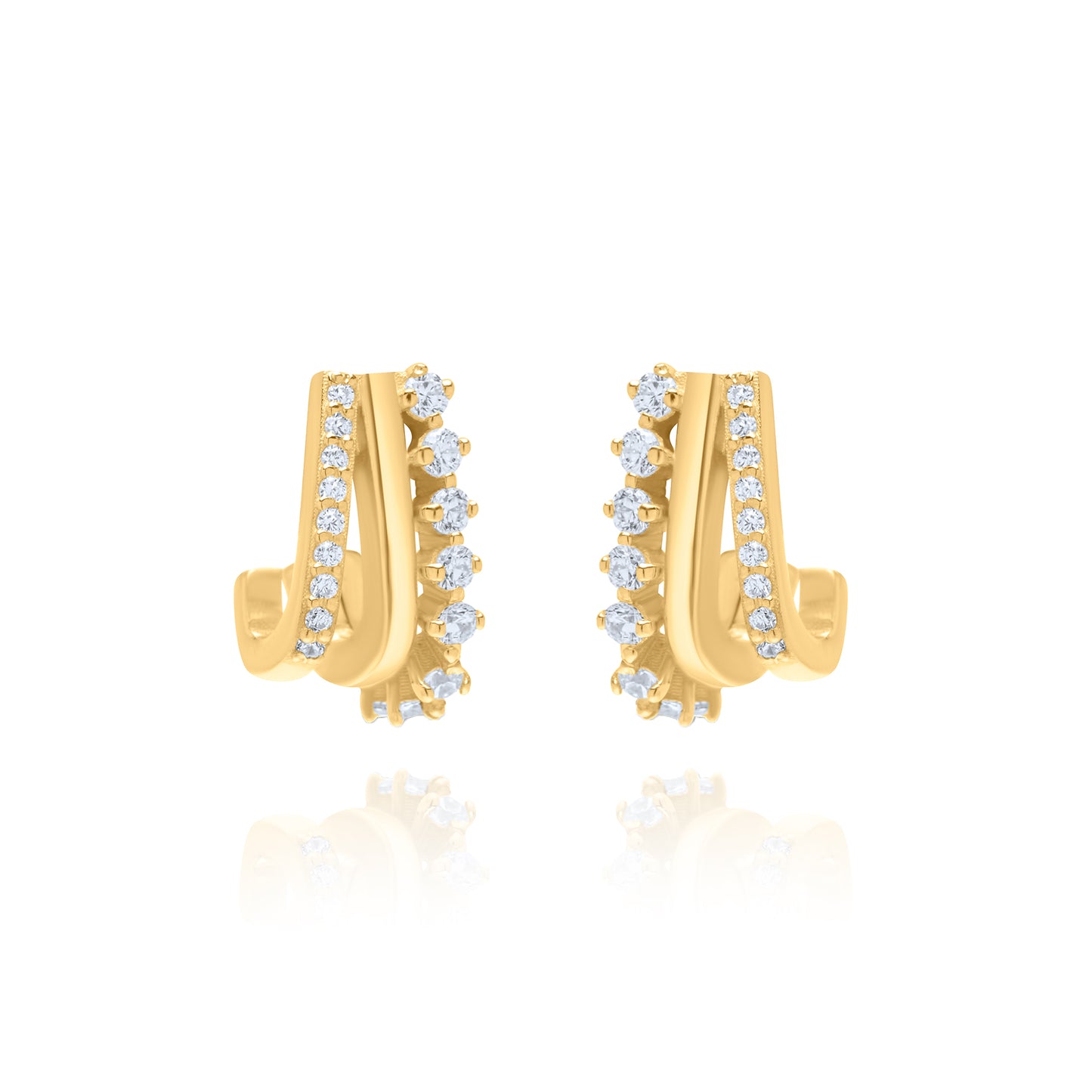 Triple Harmony Hoops With White zircons Pair Earrings - Gold Plated