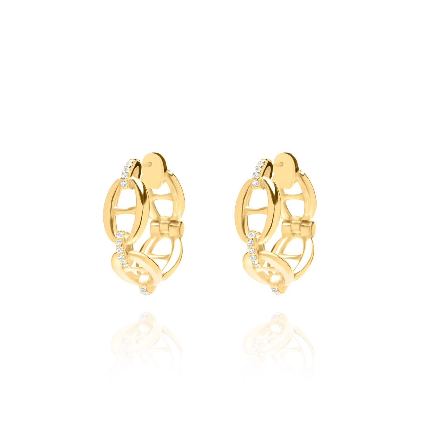 Chain Bliss Hoops With White zircons Pair Earrings - Gold Plated