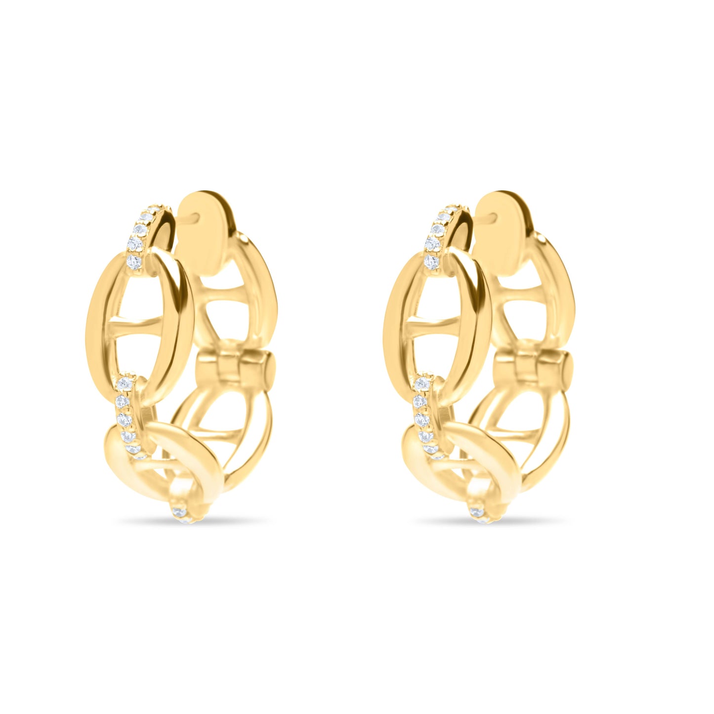 Chain Bliss Hoops With White zircons Pair Earrings - Gold Plated