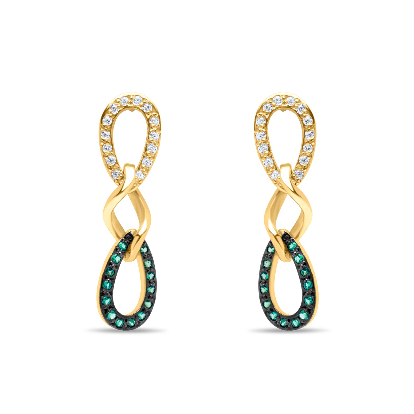 Happy Tear Drop Pair Earrings with Emerald zircons - Gold Plated
