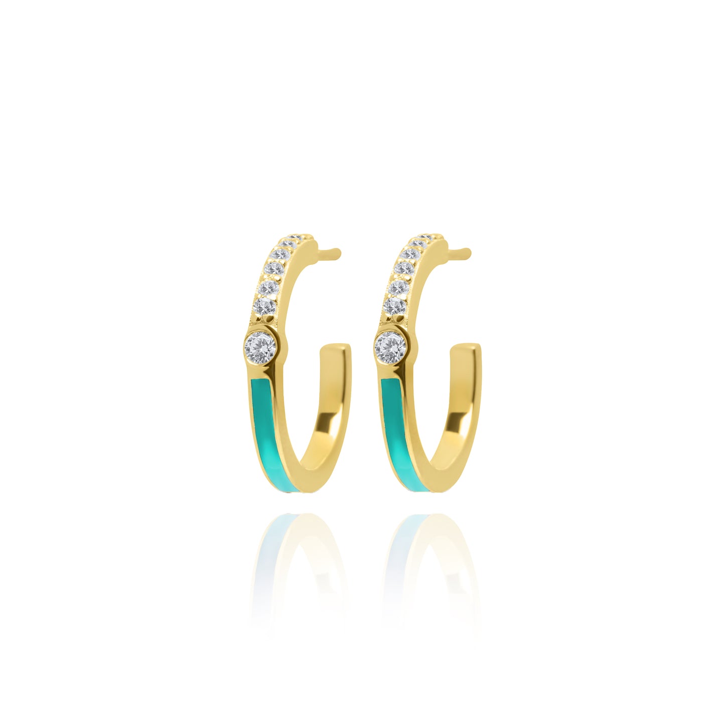 Turquoise Half Enamel Hoop Pair Earrings - Gold Plated
