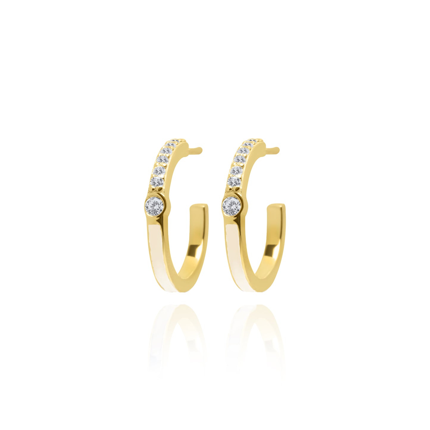 Ivory Half Enamel Hoop Pair Earrings - Gold Plated