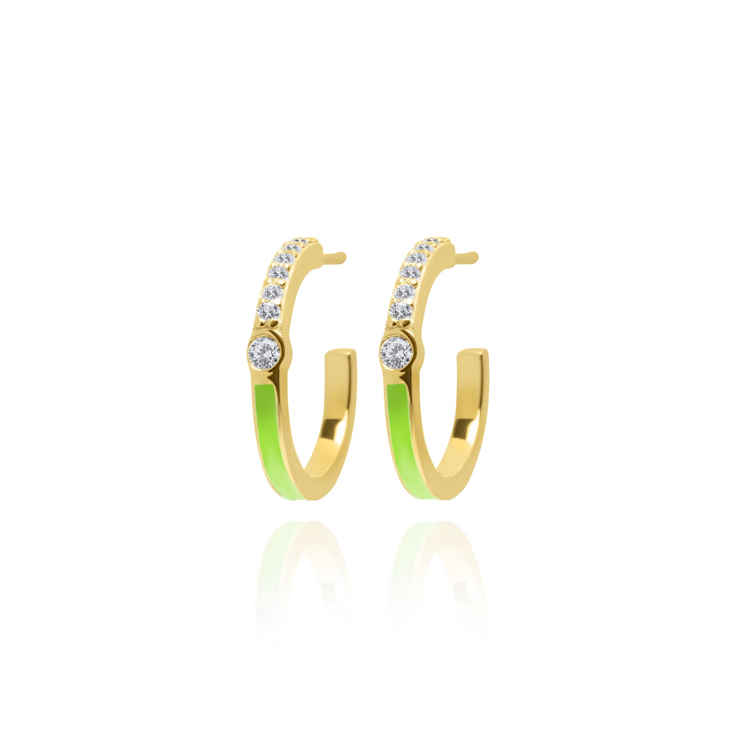 Green Enamel Hoop Pair Earrings - Gold Plated
