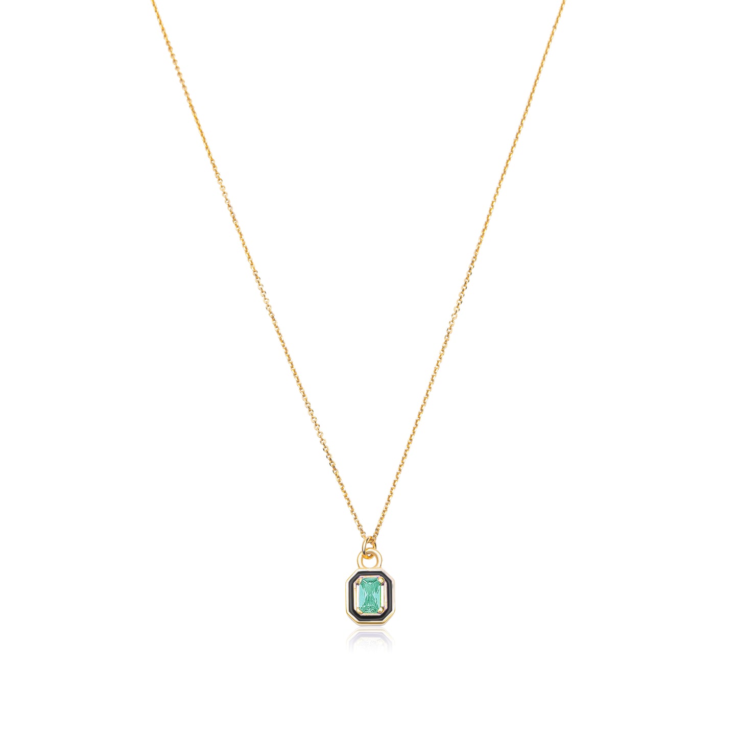 Emerald Cut with Emerald Stone and Black Enamel Necklace - Gold Plated