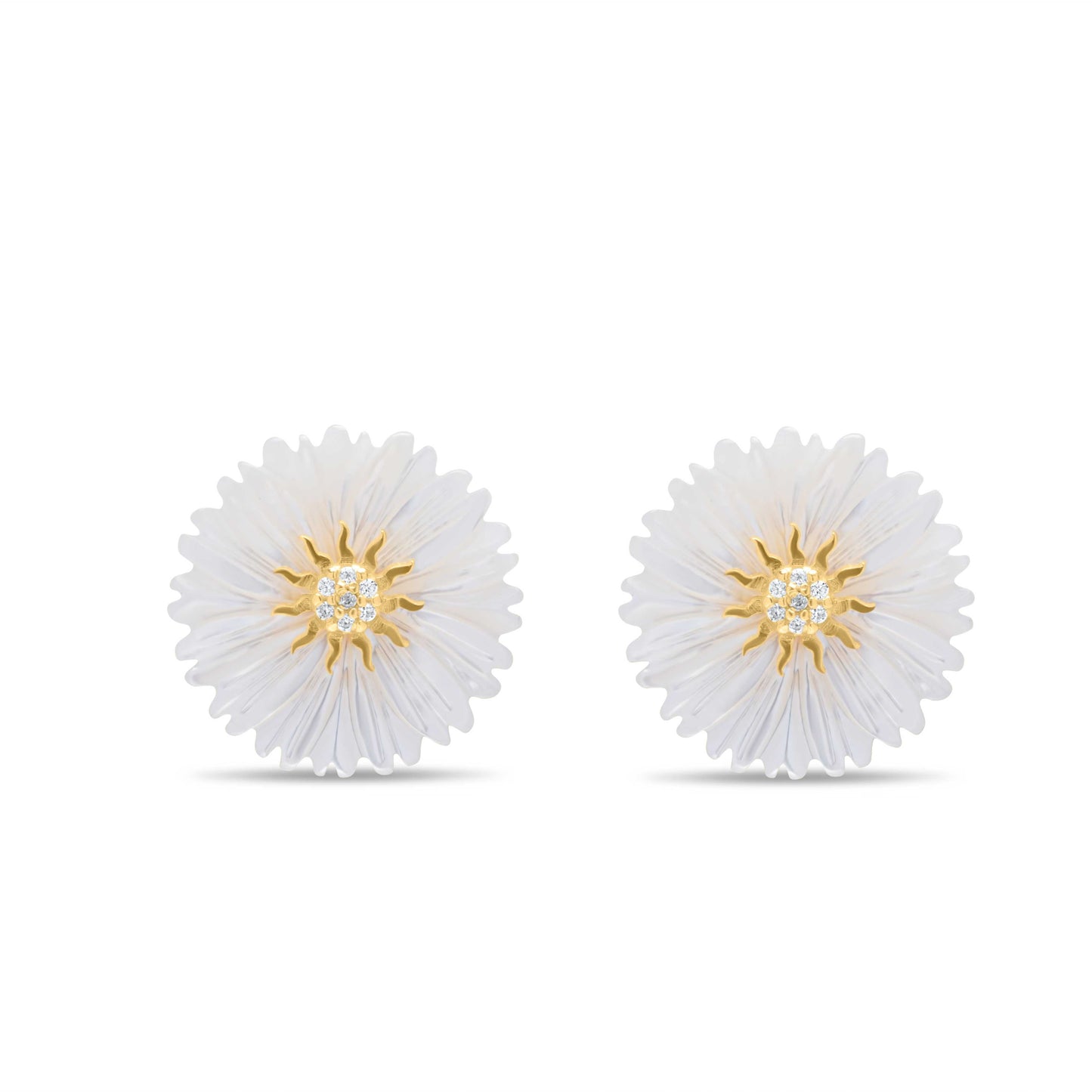 Small White Flower Pair with Sun Stud Earring - Gold Plated