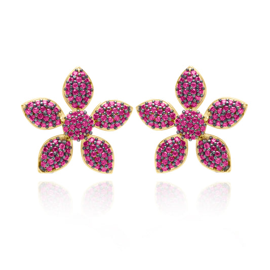 Ruby Flower Pave Stud Pair Earring - Gold Plated