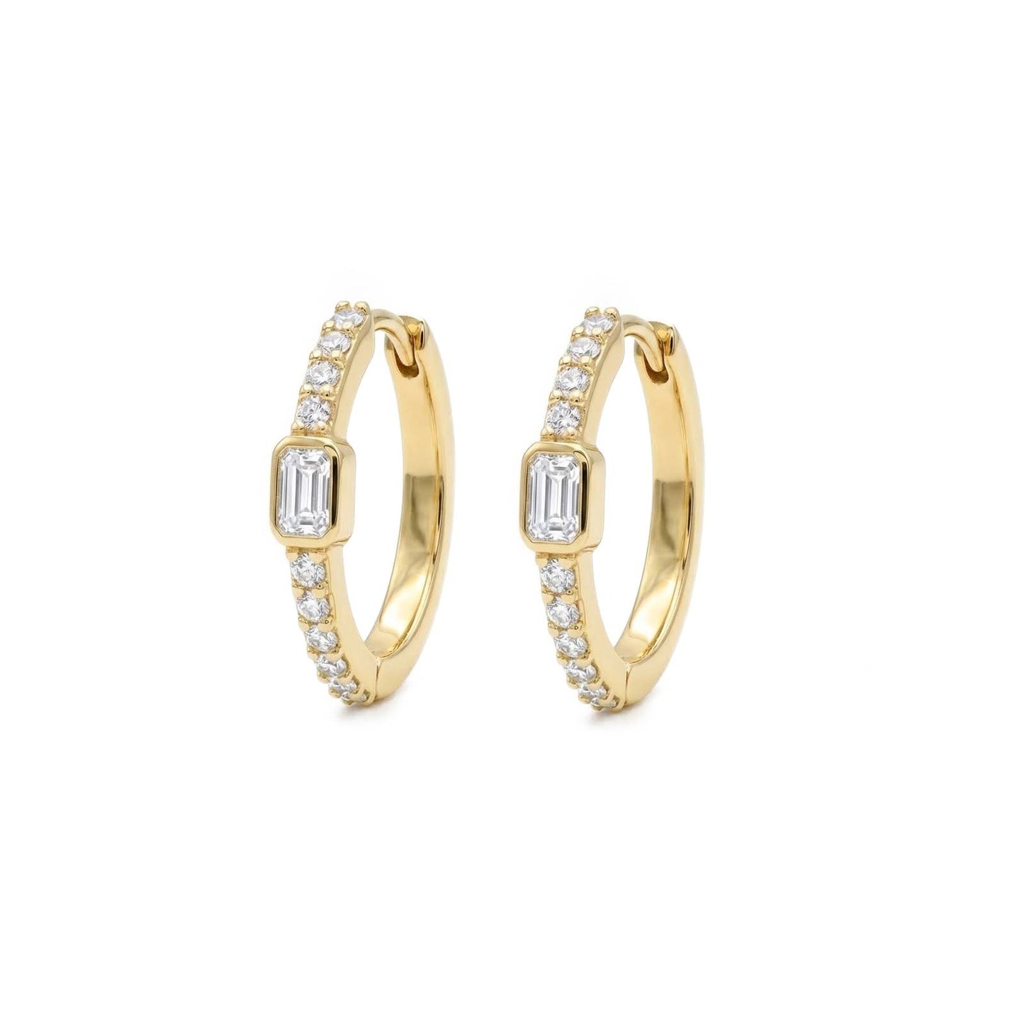 Baguette Hoops with White zircons pair earrings - Gold Plated