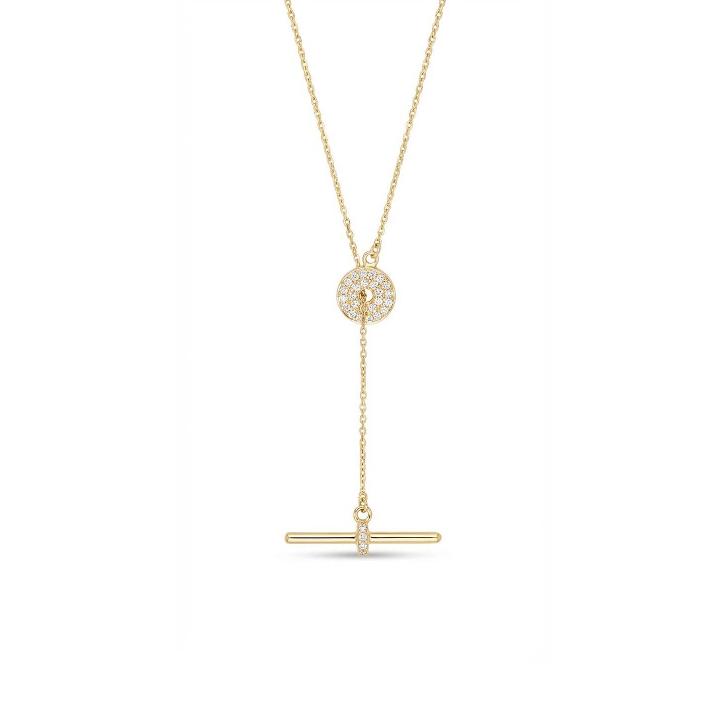 T- Bar Necklace with Pave Circle - Gold plated