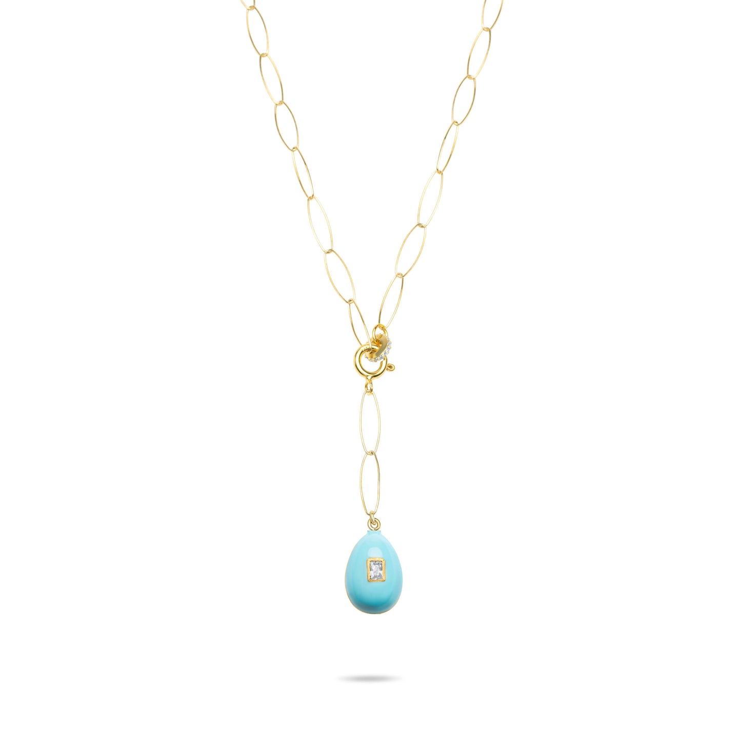 Turquoise Egg Lariat Necklace with White stone - Gold Plated