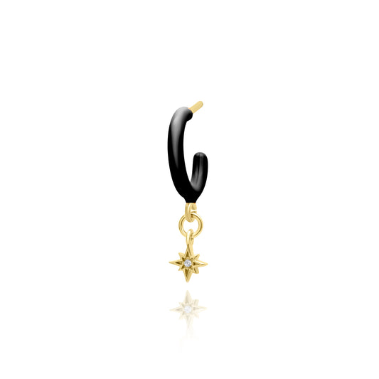 Black Enamel Hoop with Star Single Earring - Gold Plated
