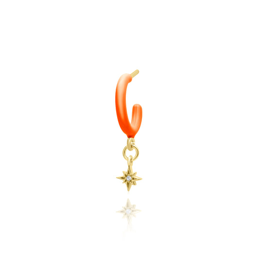 Coral Enamel Hoop with Star Single Earring - Gold Plated