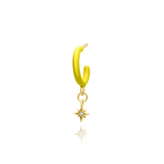Lime Enamel Hoop with Star Single Earring - Gold Plated