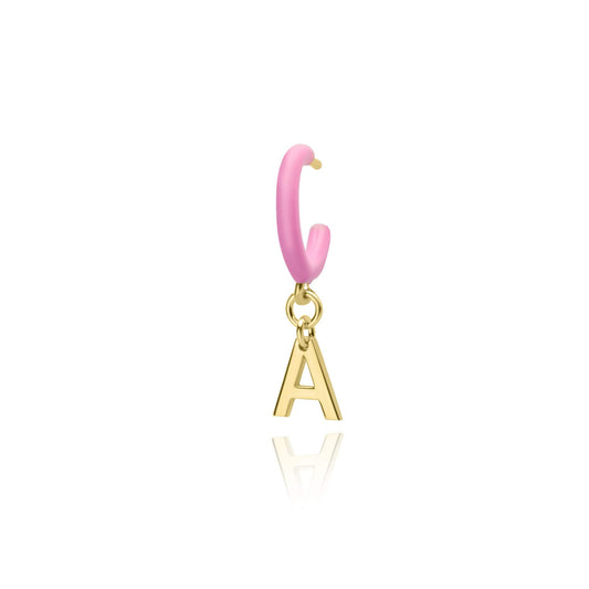Pink Enamel Hoop with Initial Single Earring - Gold Plated