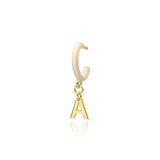 Ivory Enamel Hoop with Initial Single Earring - Gold Plated