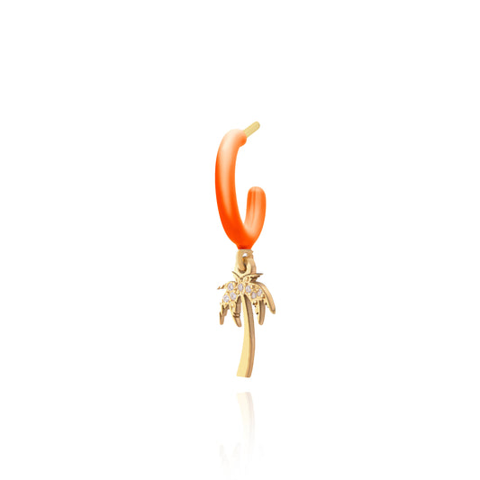 Coral Enamel Hoop with Palmtree Single Earring - Gold Plated