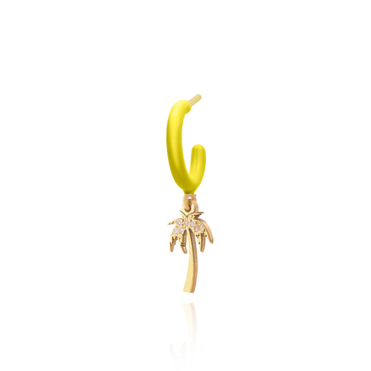 Lime Enamel Hoop with Palmtree Single Earring - Gold Plated