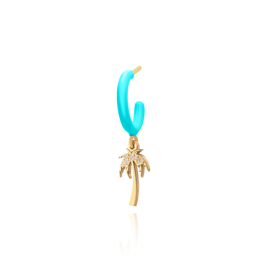 Turquoise Enamel Hoop with Palmtree Single Earring - Gold Plated