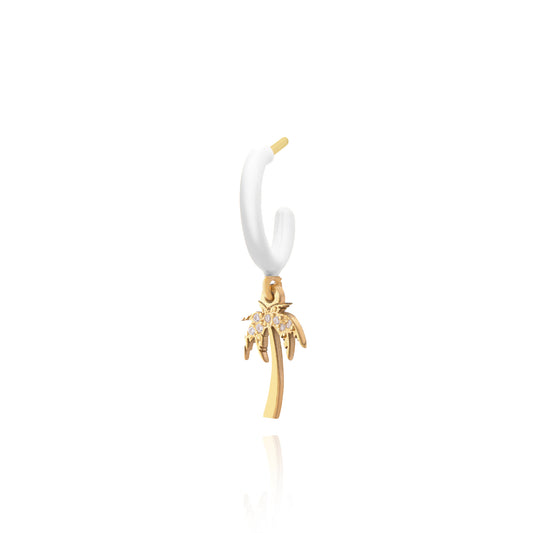 White Enamel Hoop with Palmtree Single Earring - Gold Plated