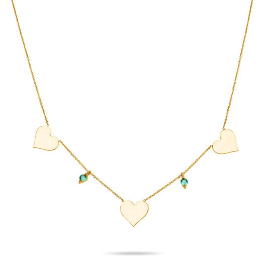 Three Hearts necklace with Emerald stones - Gold Plated