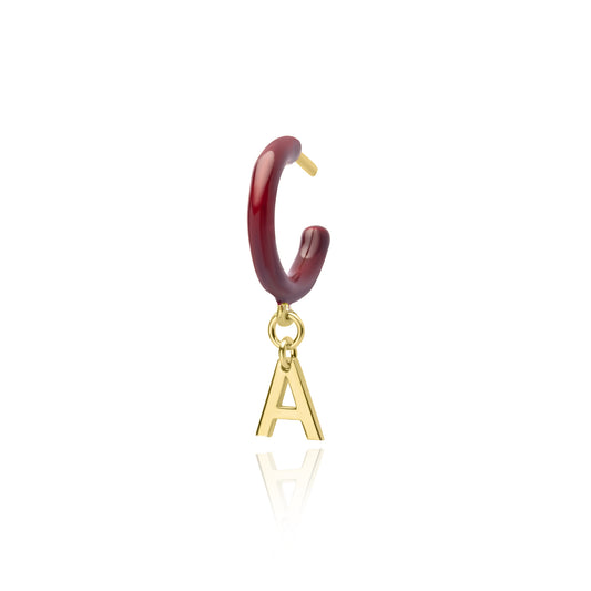 Cherry Enamel Hoop with Initial Single Earring - Gold Plated