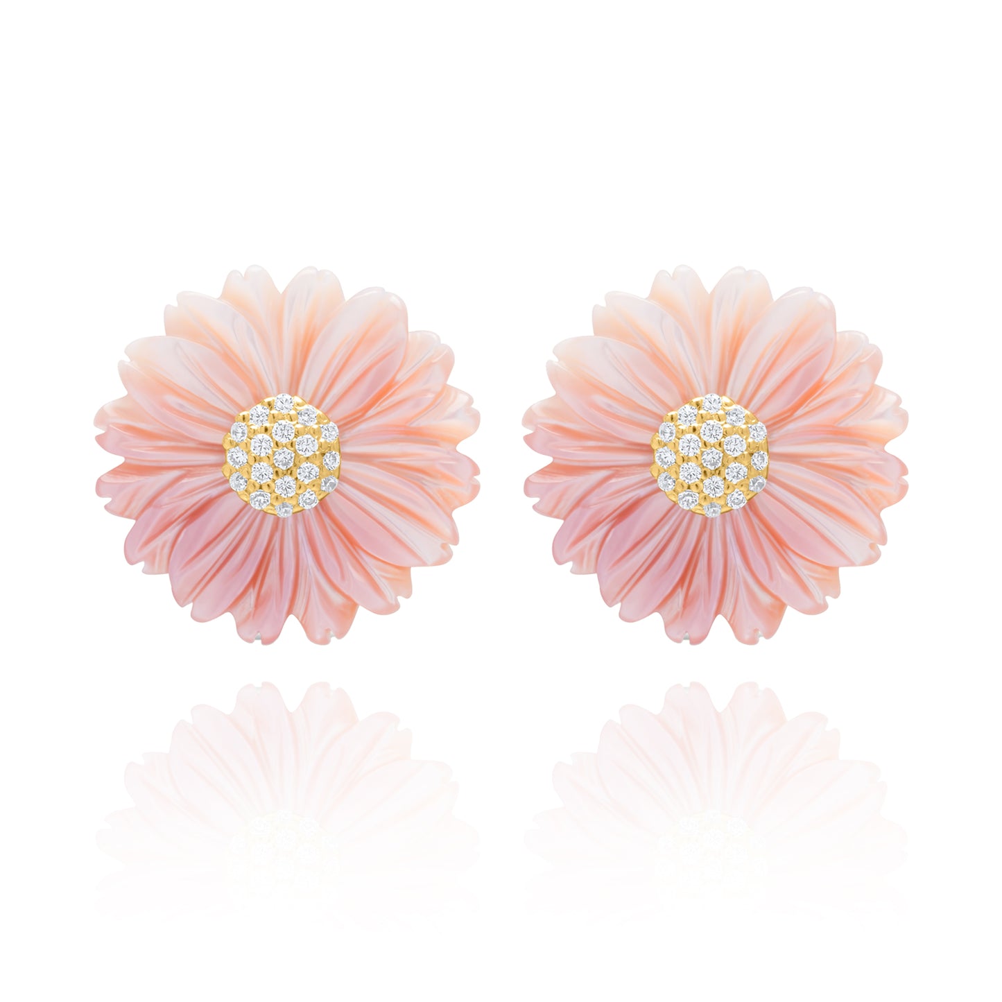 Pink Flower Pair with Circle Stud Earring - Gold Plated
