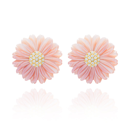 Pink Flower Pair with Circle Stud Earring - Gold Plated