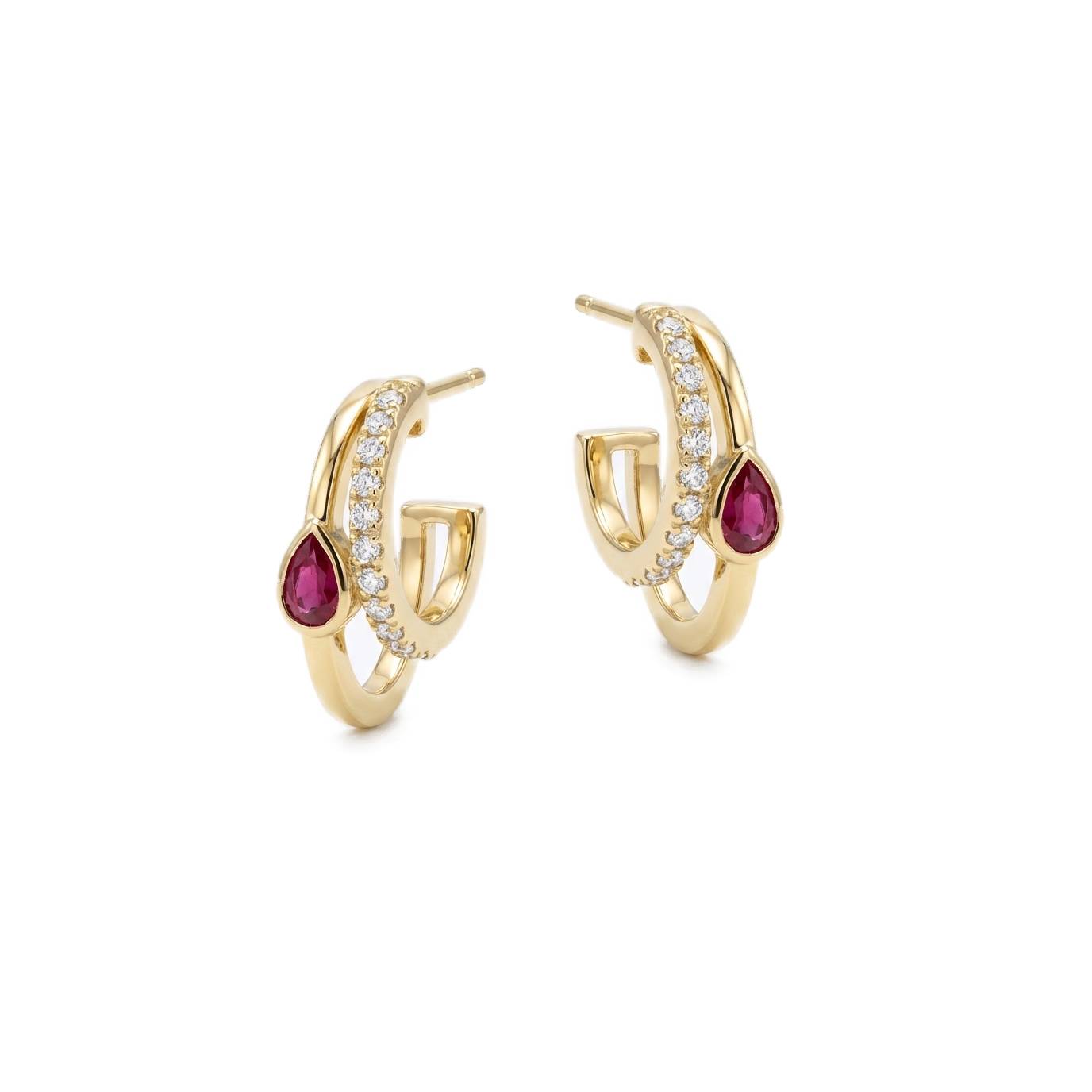 Ruby Double Hoop Pair Earrings with Teardrop - Gold Plated