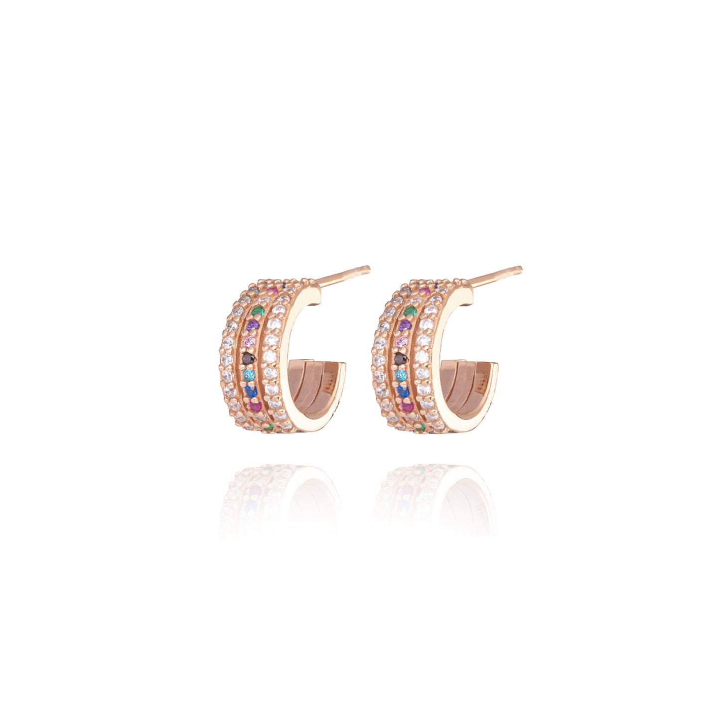 Rainbow Triple Hoops Pair Earrings - Pink Gold Plated
