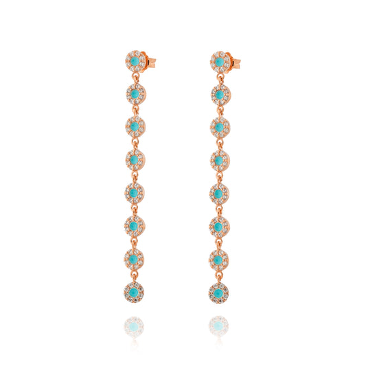 Turquoise Circle Long Pair Earrings - Pink Gold Plated