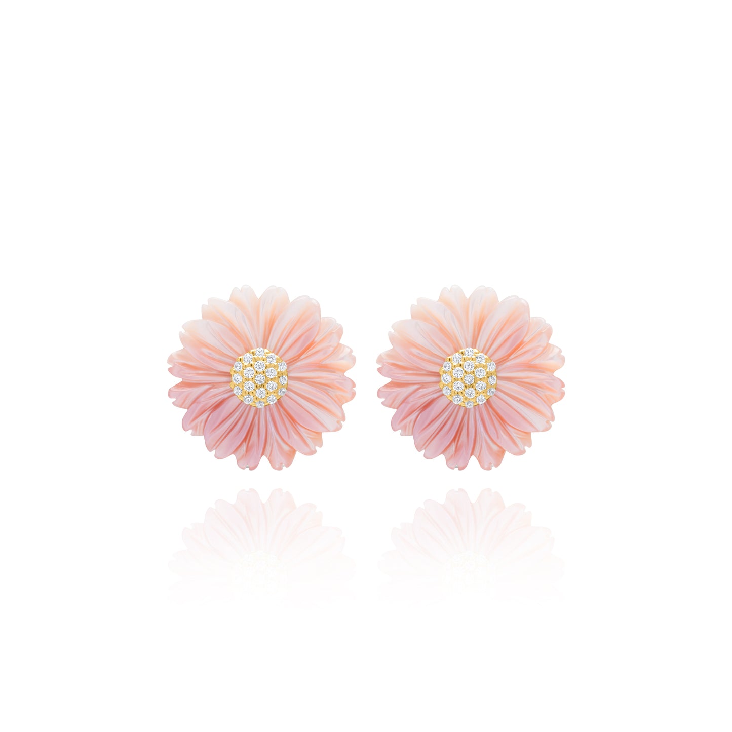 Small Pink Flower Pair with Circle Stud Earring - Gold Plated