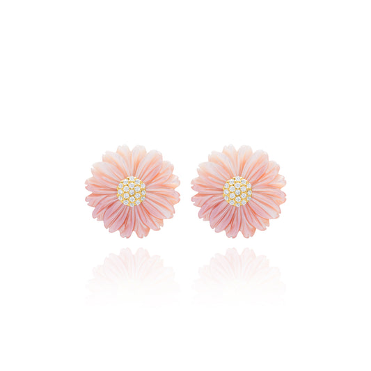 Small Pink Flower Pair with Circle Stud Earring - Gold Plated