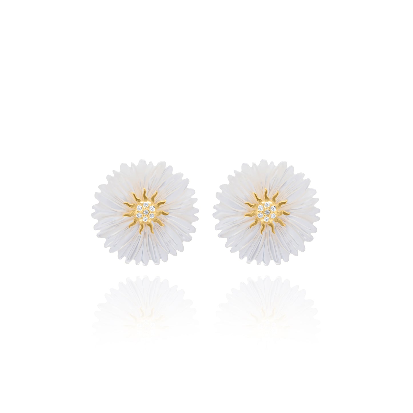 Small White Flower Pair with Sun Stud Earring - Gold Plated