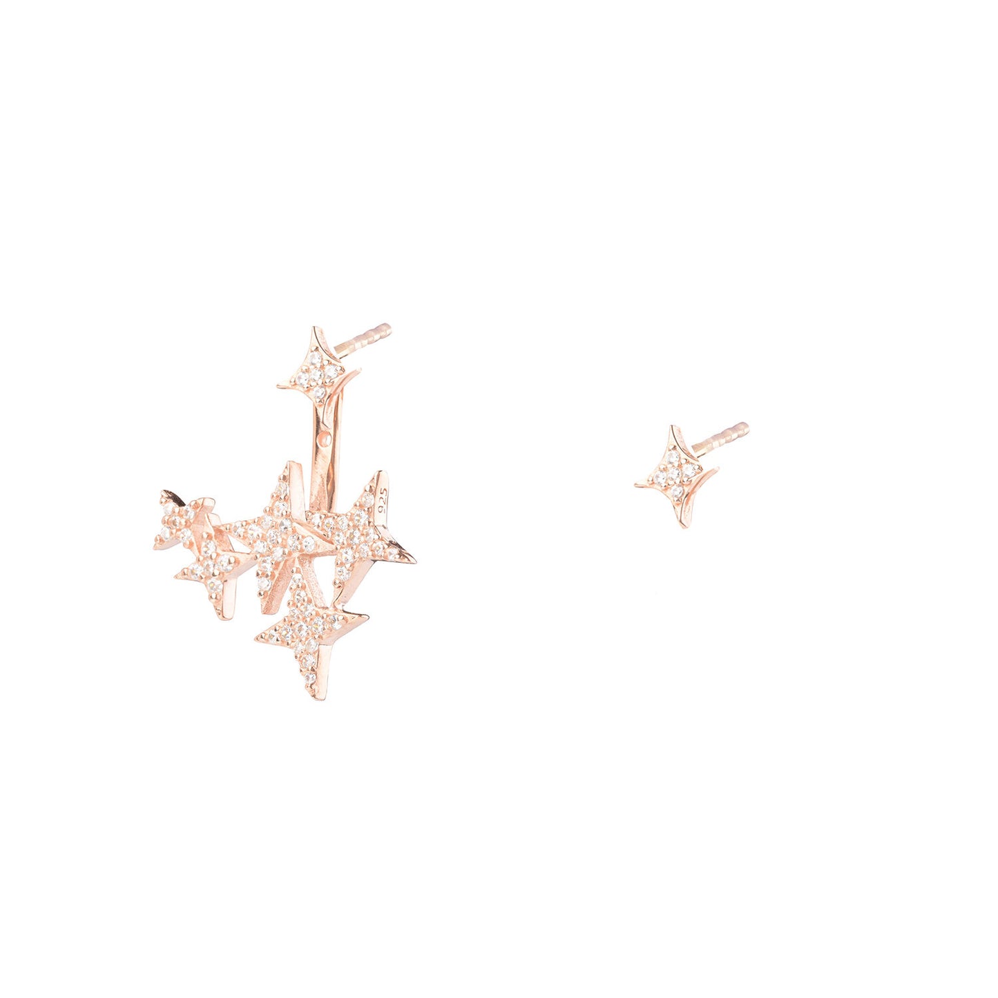 Star Ear Jacket with Rhombus Stud Earrings - Pink Gold Plated