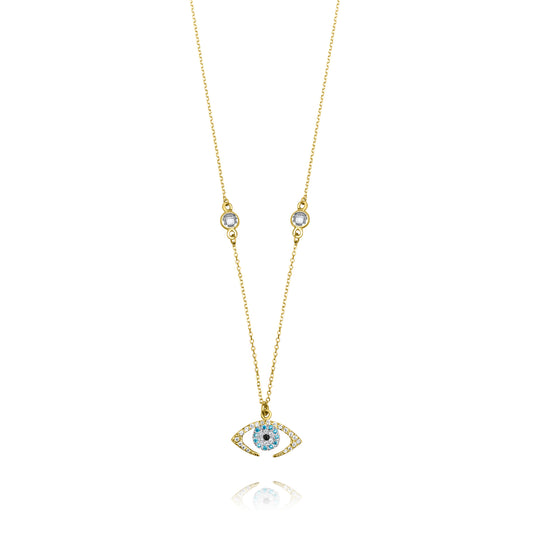 Aqua Evil Eye 9k Yellow Gold Necklace