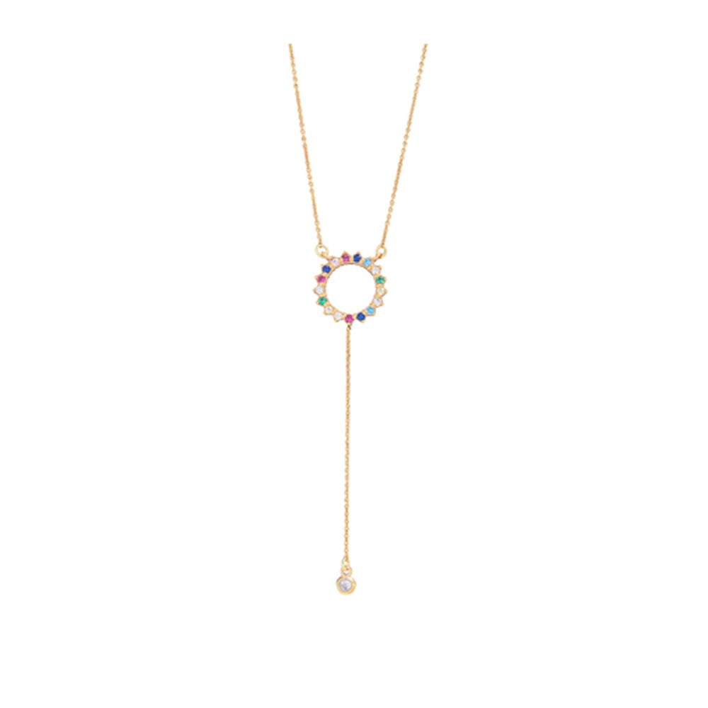 Rainbow Circle Lariat Necklace - Pink gold plated