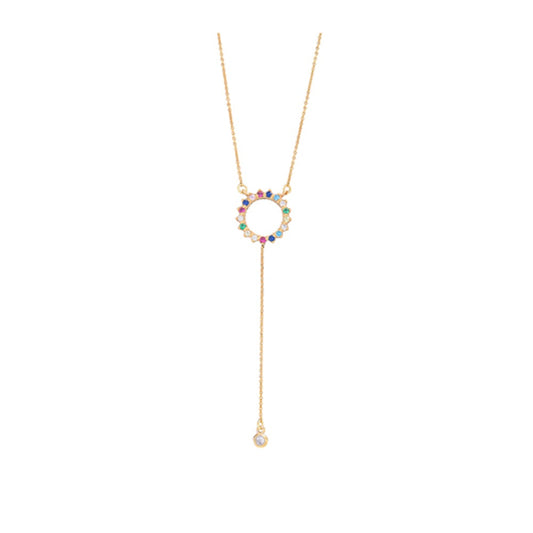Rainbow Circle Lariat  Necklace - Pink gold plated