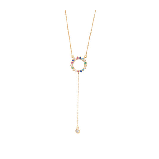 Rainbow Circle Lariat Necklace - Pink gold plated
