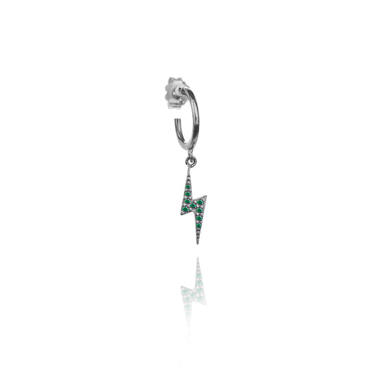 Lightning Signle Hoop Earring With Emerald Stones - Black Rhodium