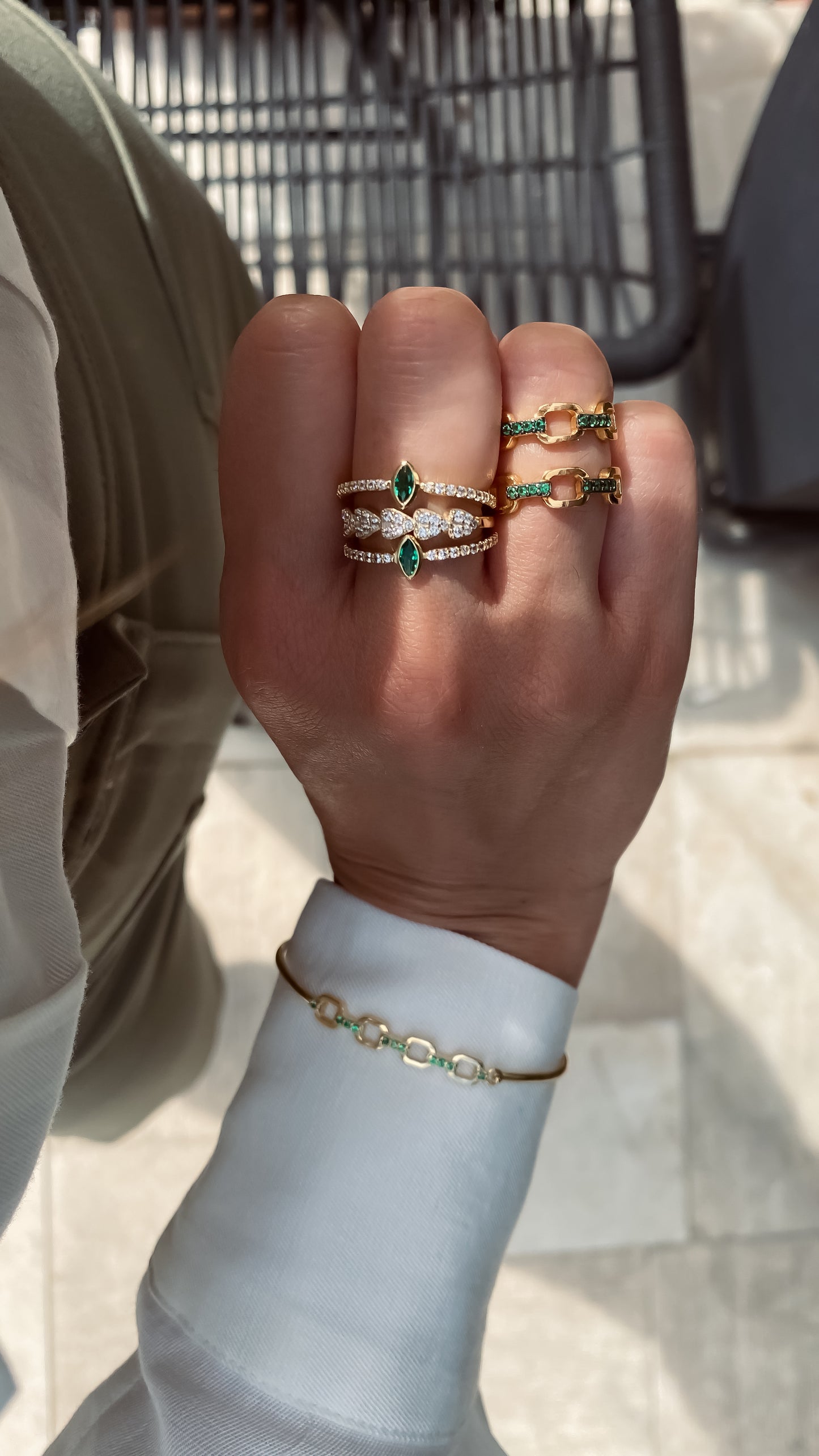 Double Emerald Chain Ring - Gold Plated