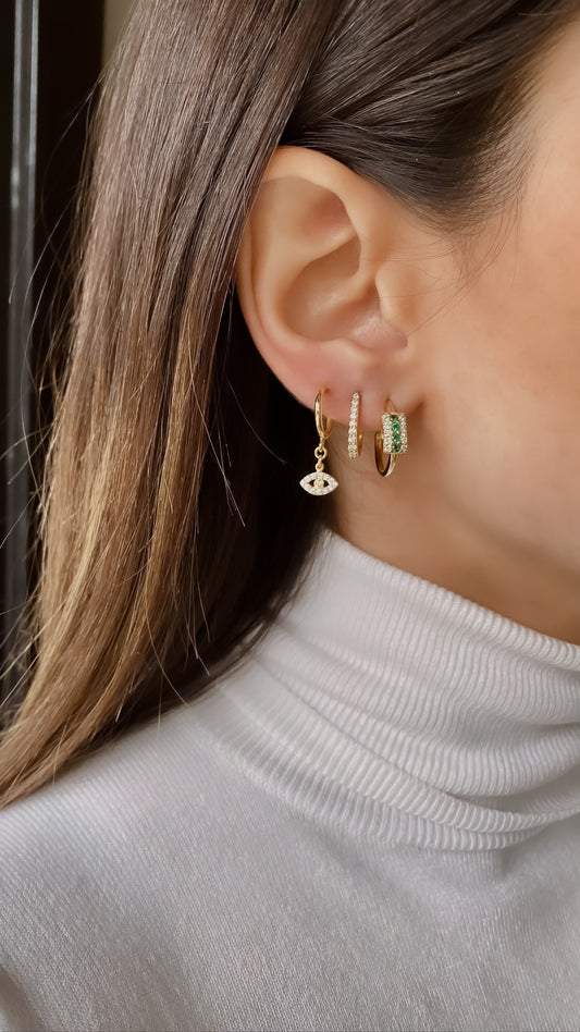 Emerald Pave Hoops Pair Earrings - Gold Plated