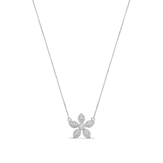 Flower Pave Necklace - Silver Rhodium Plated
