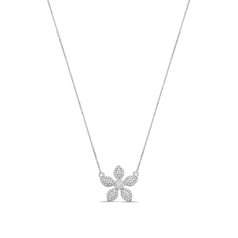 Flower Pave Necklace  - Silver Rhodium Plated