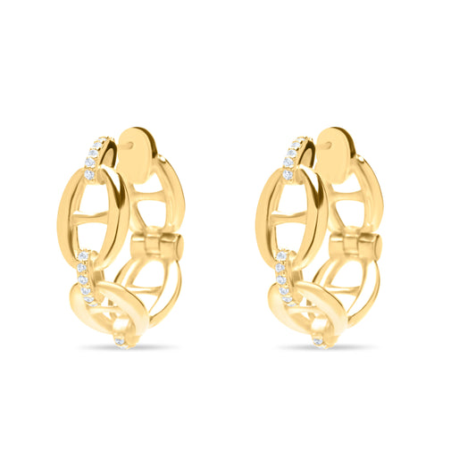 Chain Bliss Hoops With White zircons Pair Earrings - Gold Plated