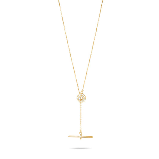 T- Bar Necklace with Pave Circle - Gold plated