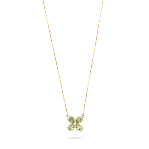 Green sapphire Daisy Glow with Diamonds - 14k Yellow Gold Chain Necklace