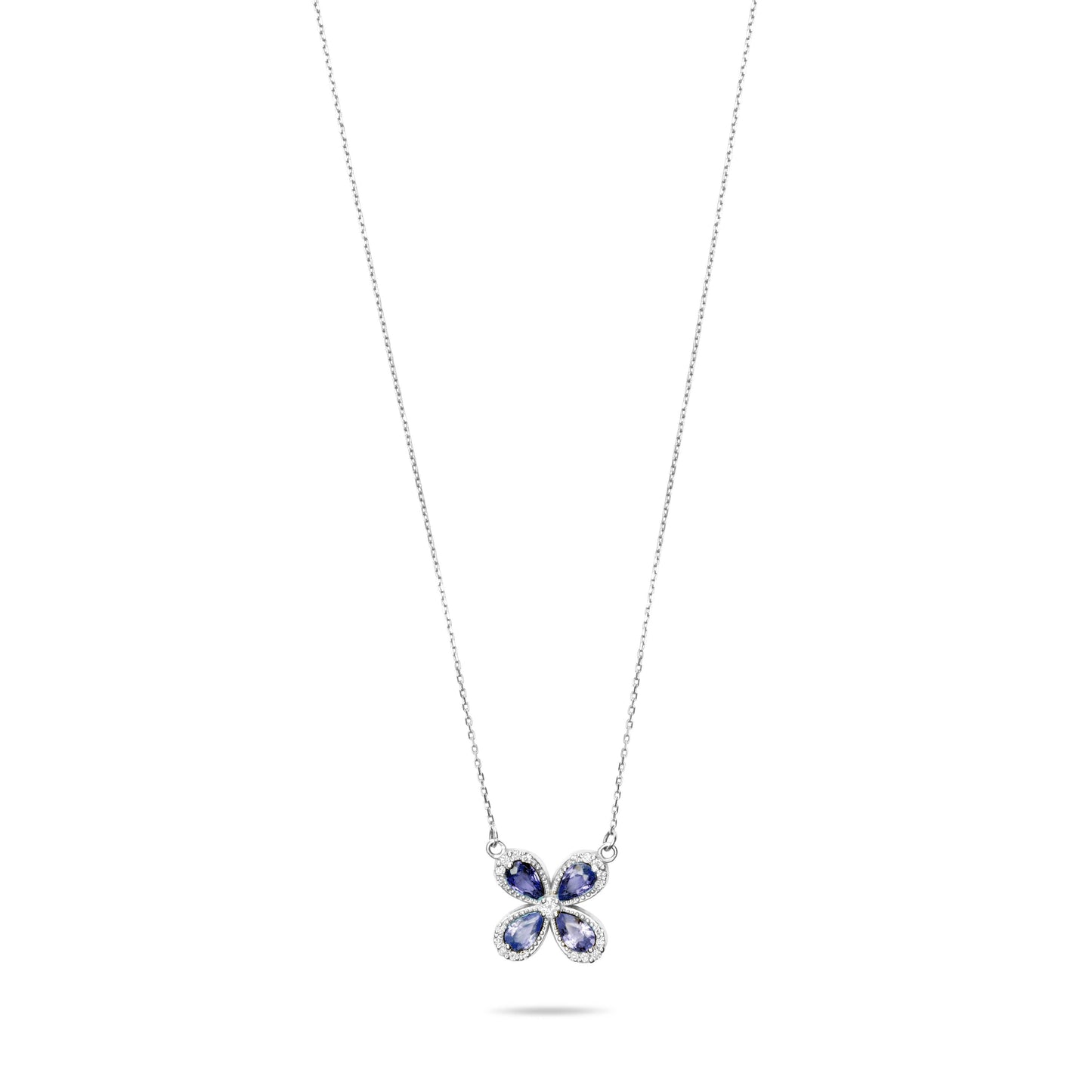 Βlue sapphire Daisy Glow with Diamonds - 14k White Gold Chain Necklace
