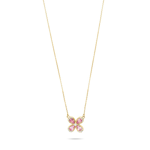 Pink sapphire Daisy Glow with Diamonds - 14k Yellow Gold Chain Necklace